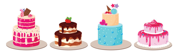 Birthday cake elements clipart icon set. Birthday colorful cake layered with strawberry and chocolate flavor clip art for wedding, birth day and anniversary dessert collection vector illustration.
