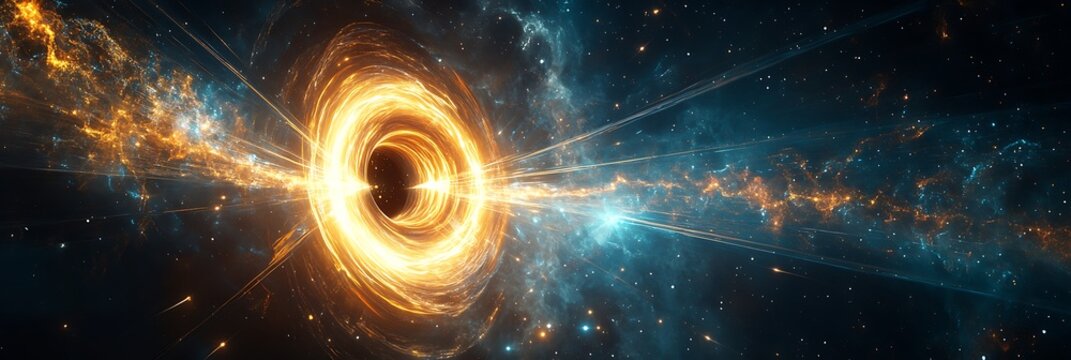 Mystical cosmic portal opening in deep space glowing energy spirals and radiant beams of interstellar light