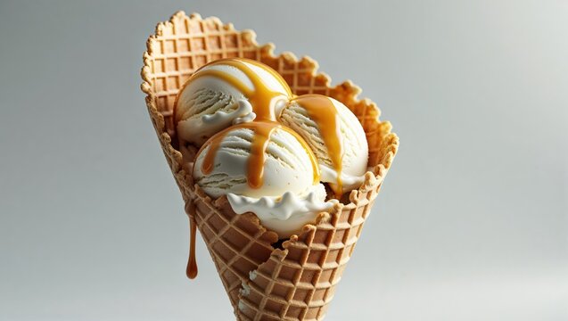 Sweet Indulgence Creamy Vanilla Ice Cream Drizzled with Caramel in a Crispy Waffle Cone