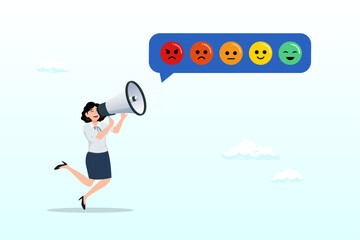 Woman shouting with satisfaction emoticon, customer satisfaction survey, service quality feedback, rating or opinion, user experience emoticon, angry or smile face review, client questionnaire concept