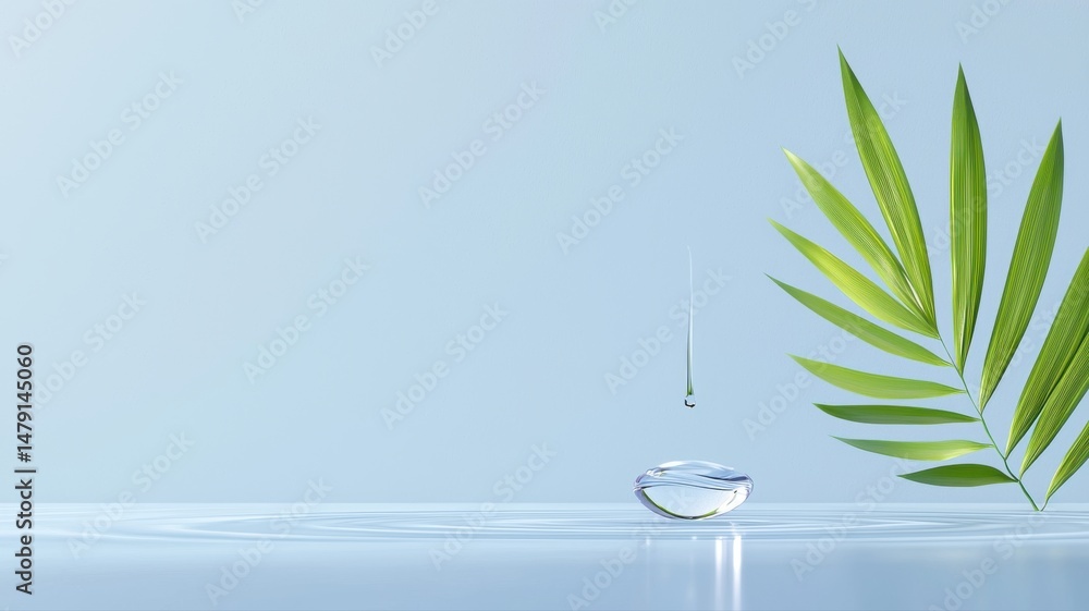Poster hydration drop and ripples with palm leaf on blue background drop blue background leaf hydration spa
