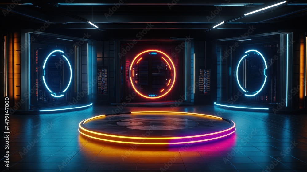 Poster futuristic neon light technology hub with glowing circular portals and vibrant illuminated pathways 