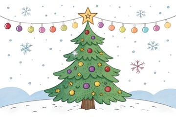 Whimsical Hand-Drawn Christmas Tree with Star, Ornaments, and Snow on White Background