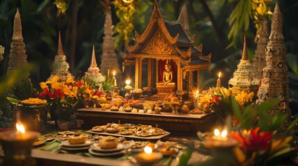 Fototapeta premium A vibrant festive scene with traditional Thai decorations made from upcycled materials, showcasing the spirit of cultural celebrations.