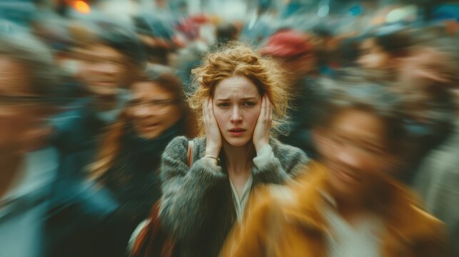 A woman experiencing a panic attack in a busy city, symbolizing stress and mental health struggles