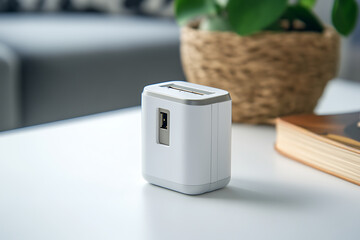 Modern white electrical adapter on a minimalist desk with a plant and book in a cozy interior setting