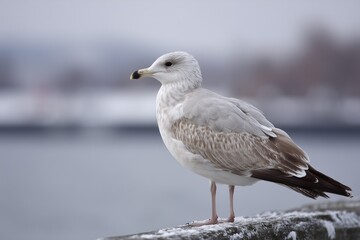 Obraz premium Seagull Perched on Rail in Winter Scene