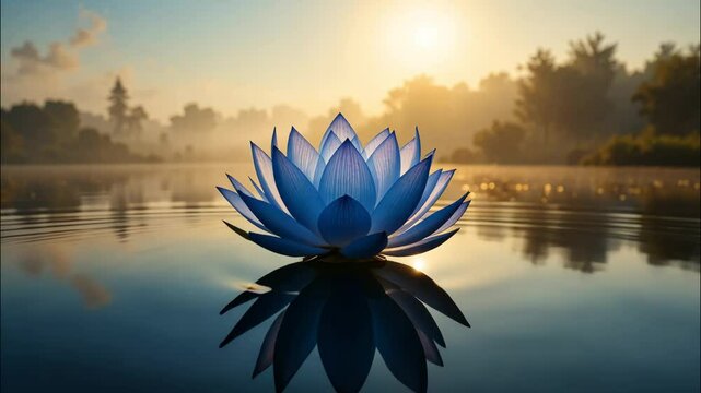 Blue lotus blooms on the water: macro photography, delicate petals, sun glare, pacification of nature + concept