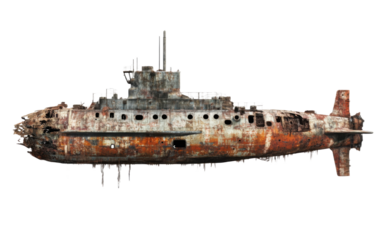 Large, rusted, and broken ship is floating in the ocean on transparent or white background