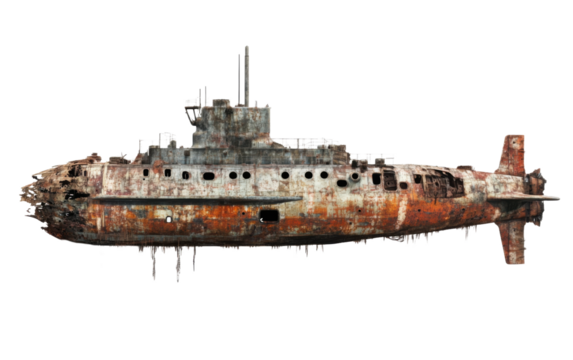Large, rusted, and broken ship is floating in the ocean on transparent or white background