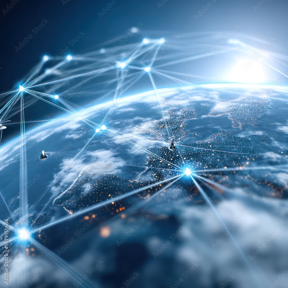 Poster global business communication network focusing on iot and blockchain, enhancing connectivity.