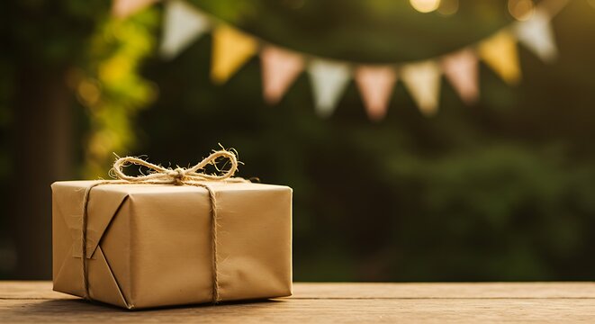 Plain brown paper gift box with twine bow in golden hour lighting - Powered by Adobe