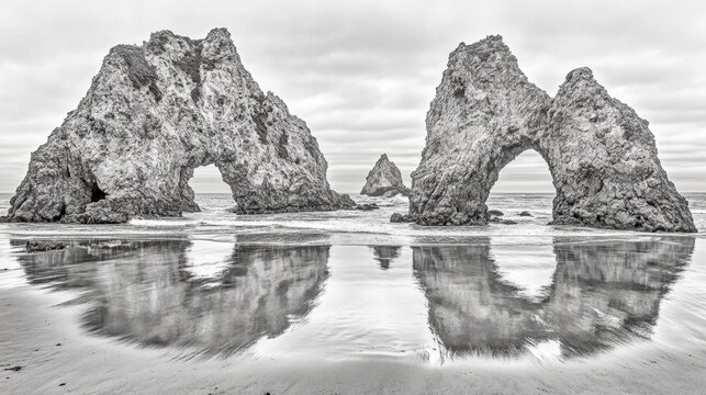 B&W Arches Reflect on Wet Sand at Pfeiffer Beach California USA Low Angle Landscape Photography