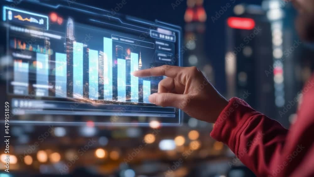Poster analyzing data trends: a hand interacts with a futuristic, transparent screen displaying dynamic bar