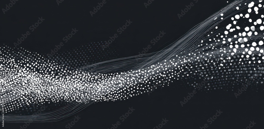 Poster abstract design with flowing white particles on dark background