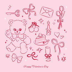Cute Hand Drawn vintage romantic conquette pink Valentine's Day Set