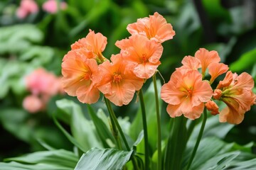Fototapeta premium Bright orange flowers bloom beautifully in a lush garden setting surrounded by greenery, Bright orange flowers with green leaves in garden setting