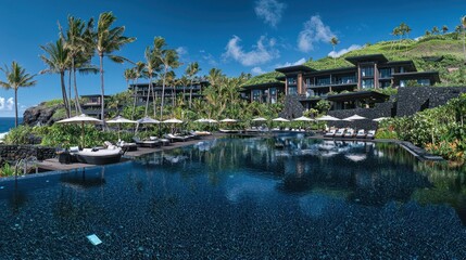Luxurious resort pool area with ocean views.