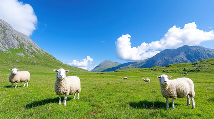 Obraz premium Fluffy sheep grazing in lush green meadow under bright blue sky with fluffy clouds, surrounded by majestic mountains