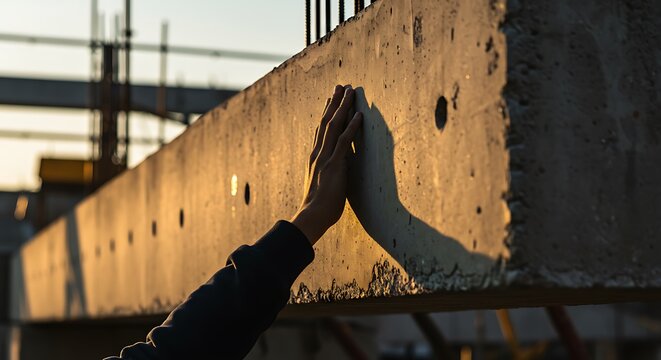 Section of concrete structure with arm silhouette reaching out.
