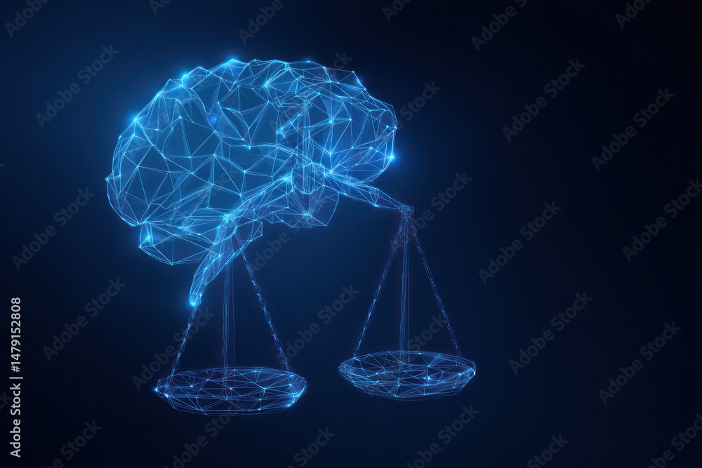 Poster concept of ai law visualized with a brain and scales of justice in a futuristic low-poly style.