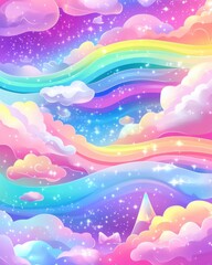 Dreamy Pastel Sky with Rainbow and Clouds Fantasy Illustration Digital Art Style Children's Room Decor