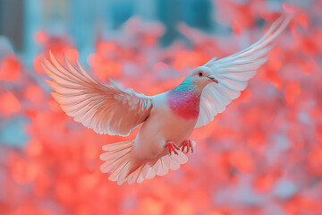 Fototapeta premium Bird in mid-flight with vivid background displaying vibrant colors in a serene environment