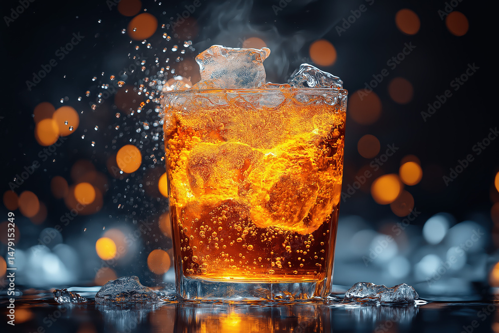 Poster refreshing drink with ice and bubbles captured in a vibrant setting