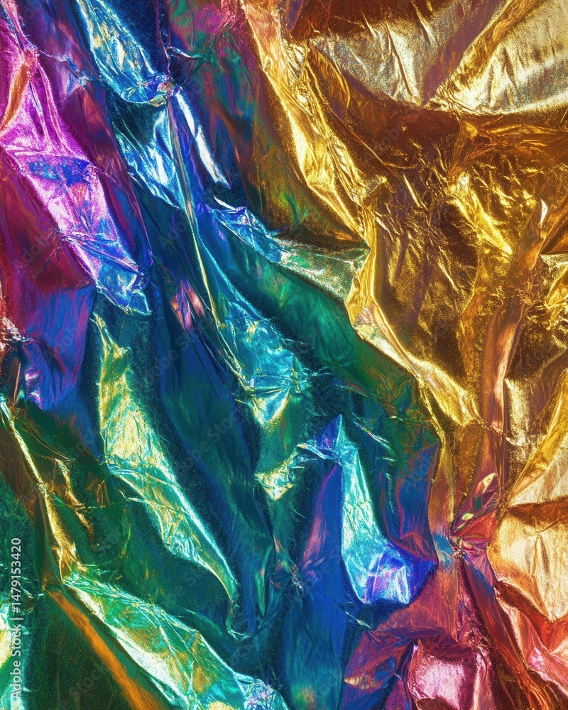 Poster abstract close-up of vibrant iridescent foil with crumpled texture and rainbow colors in studio shot