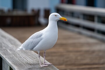 Obraz premium Seagull Standing on Wooden Rail with Ocean Background