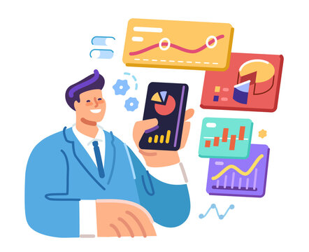 Businessman analyzing charts and graphs on smartphone for data review. Online statistics, financial analysis, management