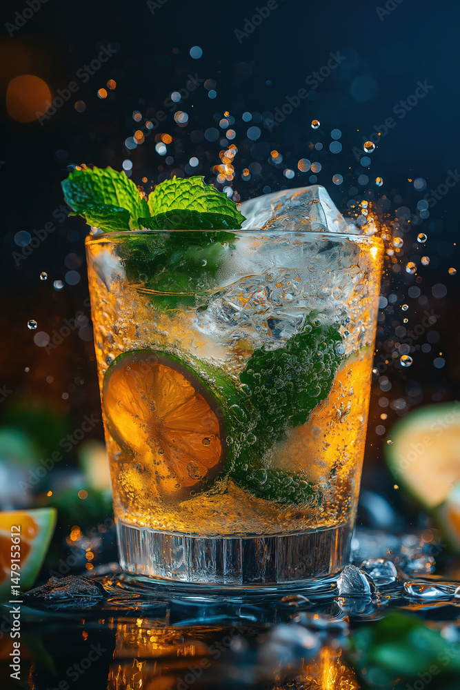 Poster refreshing mint and lime cocktail with ice splashing in vibrant setting