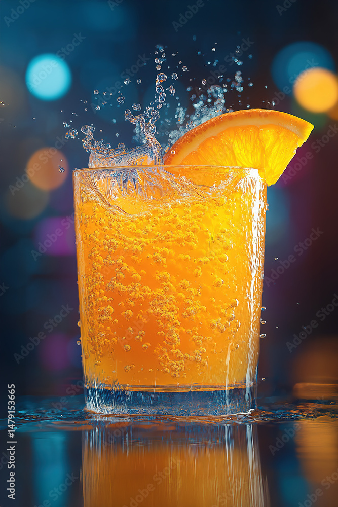 Poster bright citrus drink splashes in a glass against a colorful bokeh background during an evening event