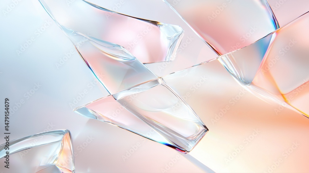 Poster abstract background with transparent iridescent glass shapes reflecting light and color gradients ai