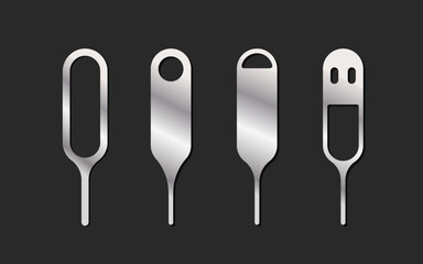 Sim ejector. Set of Silver pin icons. Flat design. Vector illustration isolated on black background.