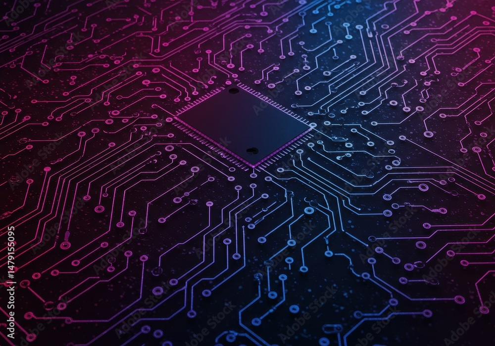 Poster close up of a circuit board shows intricate electronic components and connections