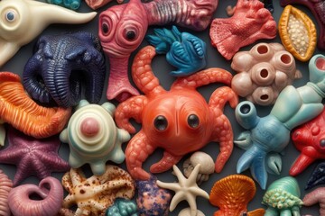 Colorful, miniature sea creatures, a whimsical collection.