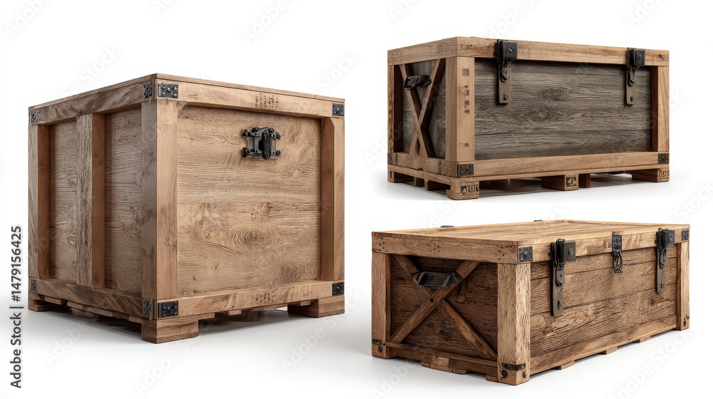 Poster 3d realistic vector set of cargo wooden boxes in side front and top view. isolated on white backgrou