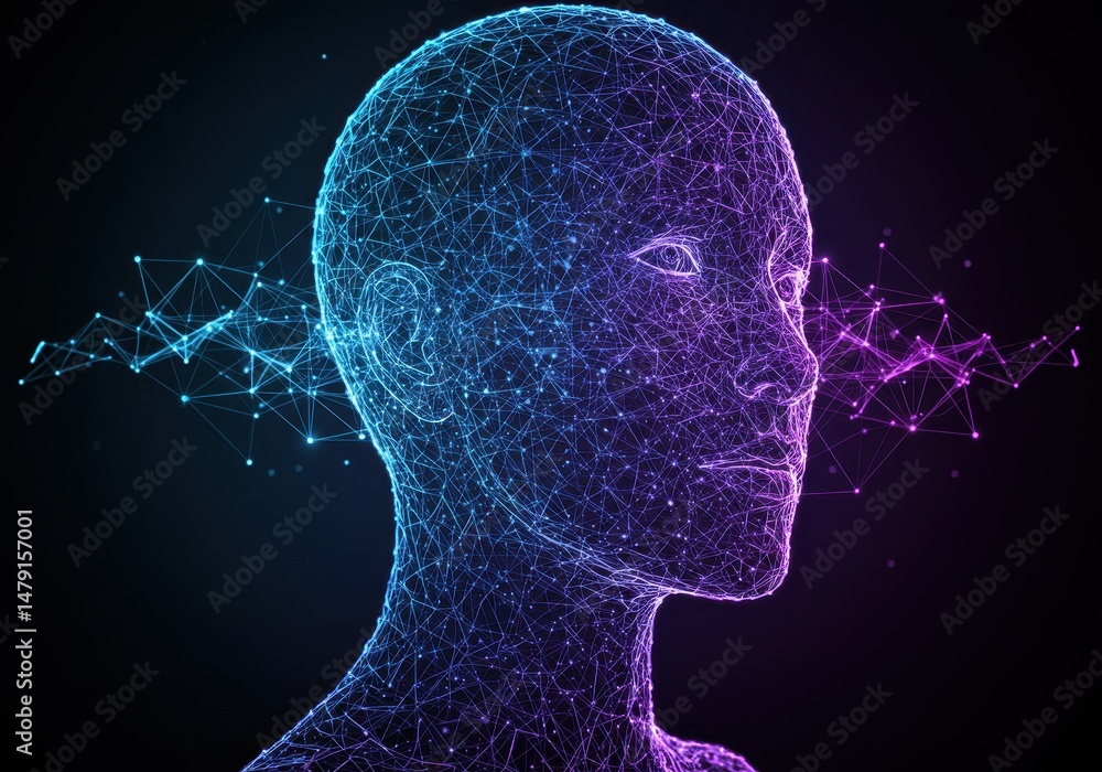 Poster digital human head represented by a network of connected dots and lines on dark background
