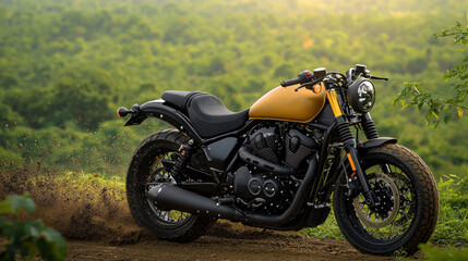 A custom motorcycle traversing a dirt trail.