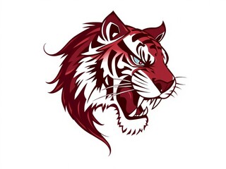 Fototapeta premium Stylized Burgundy Tiger Head in Roaring Profile with Tribal Tattoo-Inspired Patterns on White Background