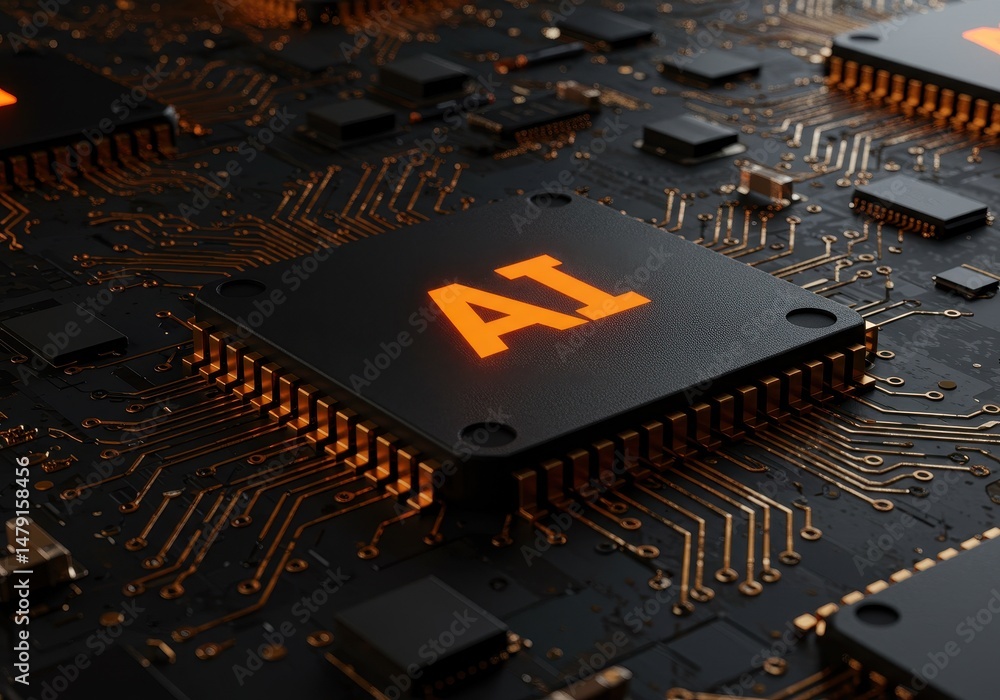 Poster close up of a computer chip with the letters ai in orange glowing on a circuit board