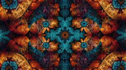 Kaleidoscopic arrangement of floral and organic shapes in teal orange and purple tones creating symmetry