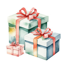 Obraz premium Watercolor Illustration of Gift Boxes with Red Ribbons in Various Sizes for Celebrations and Holidays