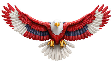 Obraz premium Majestic Bald Eagle with Red, White, and Blue Feathers Soaring Through the Sky for Symbolic Representation
