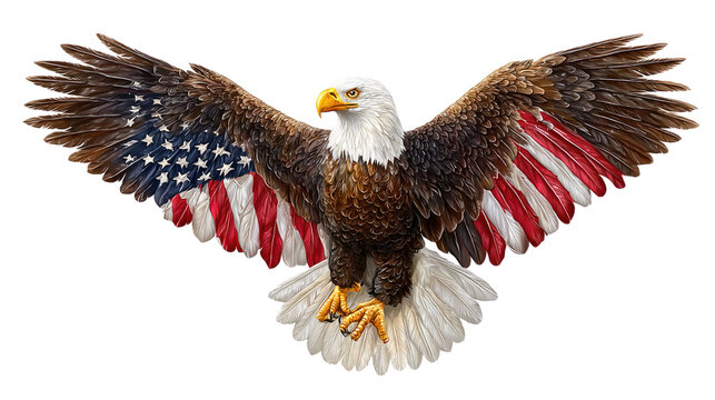 Majestic Bald Eagle Spreading Wings with American Flag Pattern, Symbolizing Freedom and Patriotism in Nature
