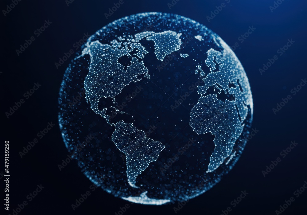 Poster a digital globe with connected dots shows the continents against a dark blue background
