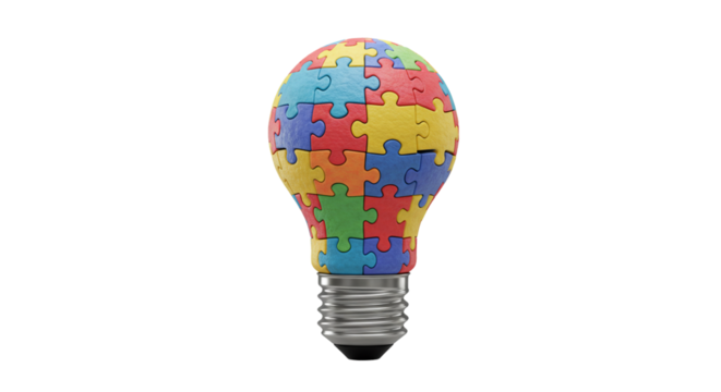 Puzzle lightbulb idea concept solution teamwork innovation creativity problem solving strategy success 100 char
