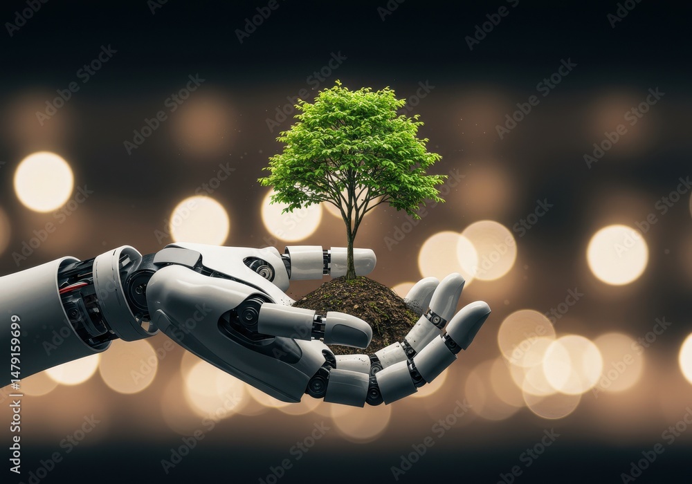 Poster a robot hand gently holds a small tree growing from soil against a bokeh background