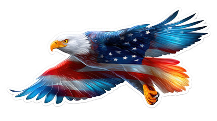 Majestic American Eagle with Colorful Flag Design in Flight Over a White Background